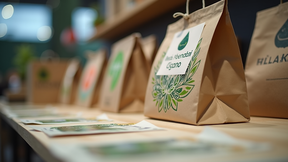 Close-up view of eco-friendly promotional materials and swag on a trade show table