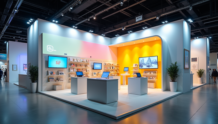 Eye-level view of a well-organized trade show booth with engaging displays