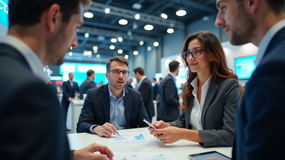 High angle view of a trade show team engaging with visitors at a busy booth