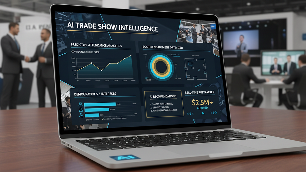 Close-up view of a laptop screen showing AI analytics dashboard for trade show planning