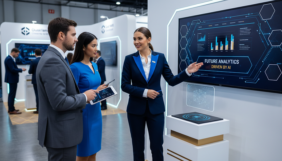 Eye-level view of a specialized trade show booth with eco-friendly packaging displays