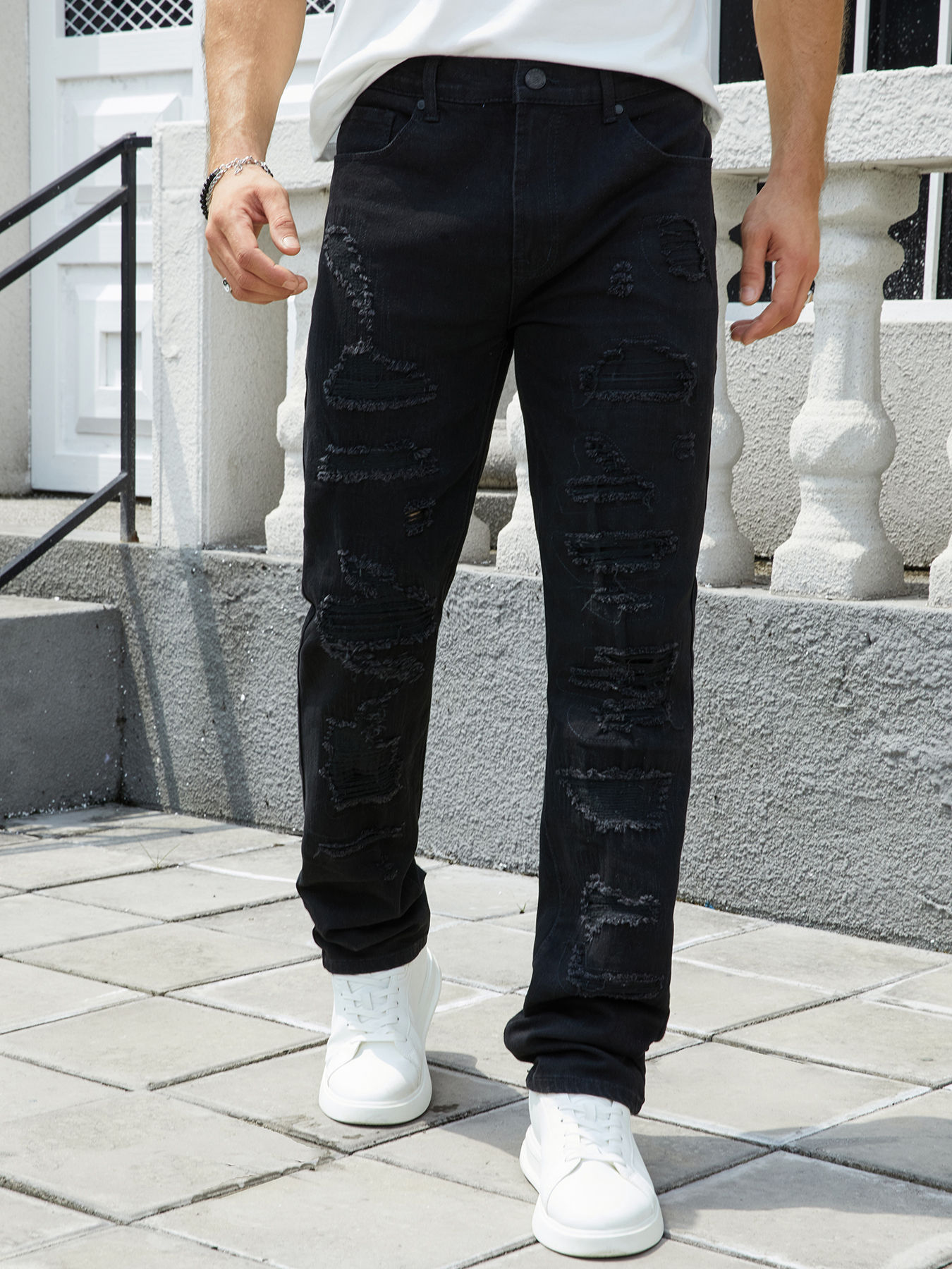 Men's denim stretch pants, full of holes, trend color wash water, embroidery car