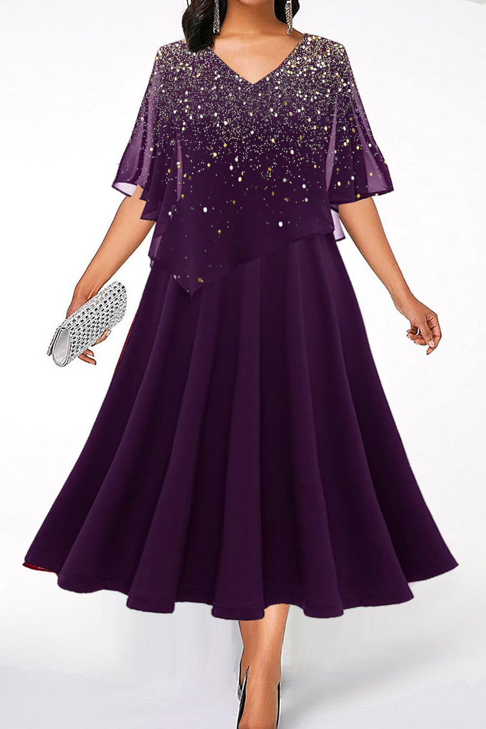 Flycurvy Plus Size Casual Purple Chiffon Glitter Print Asymmetric Layered Tea-Le
