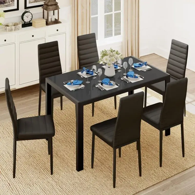 Thumbnail: Glass Dining Table Set for 6, 7 Piece Kitchen Table and Chairs Set for 6 Person,