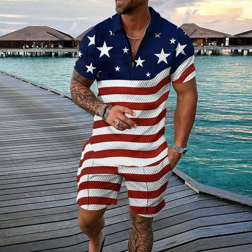 Thumbnail: Independence Day 2 Piece Set Summer Men Zipper Polo Shirt Shorts Set
