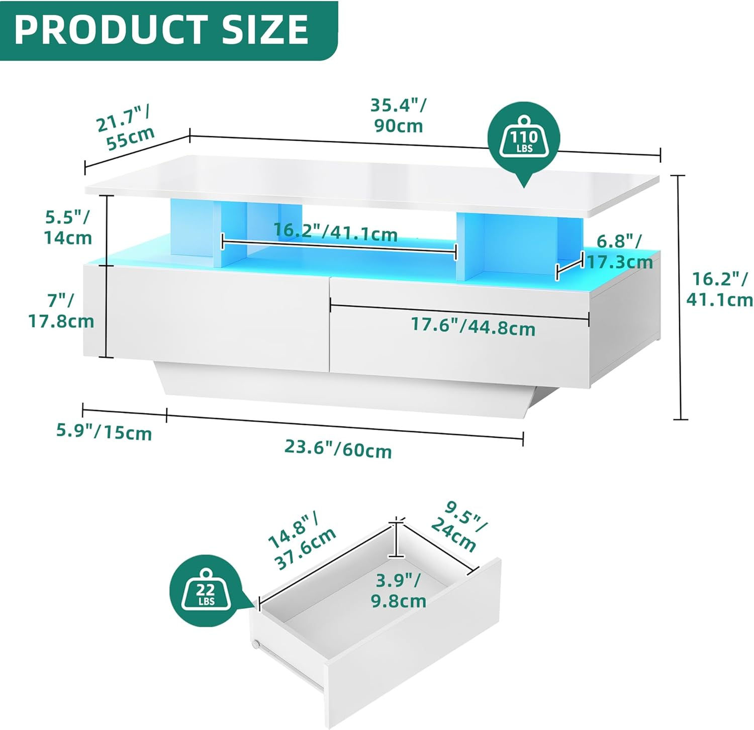 YITAHOME LED Coffee Table with Storage,  for Living Room, Small Center Table wit