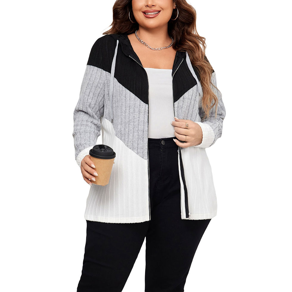 Women s Plus Size Hooded Cardigan Sweater with Zipper Closure and Ribbed Detaili
