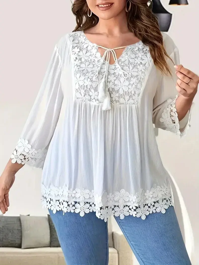 Plus Size 1XL-5XL Women's Casual Solid Color Shirt Ladies Fashion Lace Trim Spri