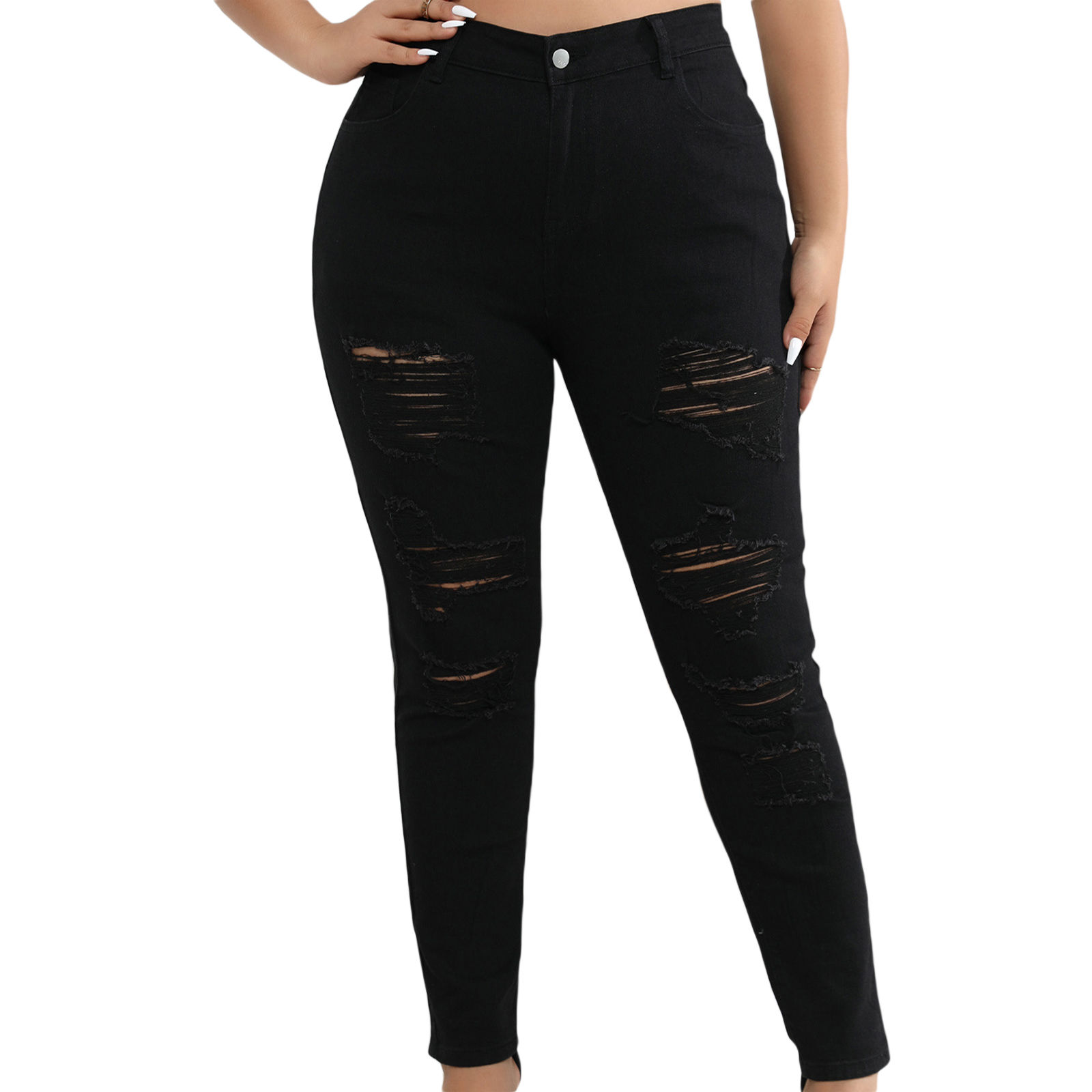 Women s Plus Size Distressed Jeans High Waisted Ripped Denim Pants Stretchy Skin