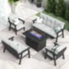 Modern Aluminum Patio Furniture Set with Fire Pit Table, Outdoor Wicker Rattan