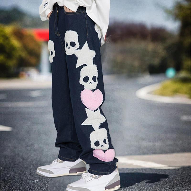 Thumbnail: Y2k Skull Jeans Mens Aesthetic Baggy Star Skull Printer Hip Hop Pants