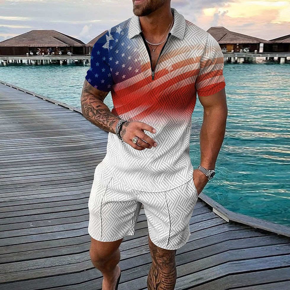 Thumbnail: Independence Day 2 Piece Set Summer Men Zipper Polo Shirt Shorts Set