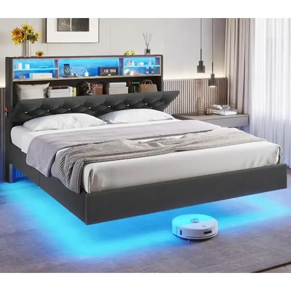 Floating Queen Bed Frame with Storage Headboard RGB LED Lights and Charging Stat