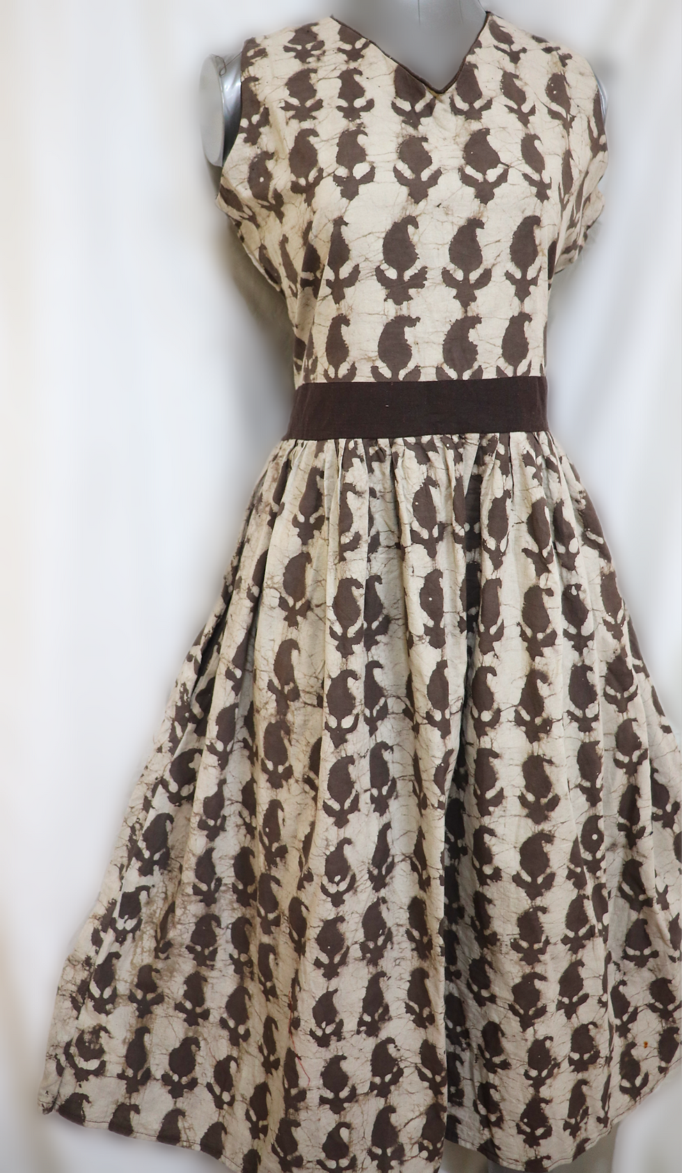 Thumbnail: Dabu Hand Block printed Fit and Flared Brown Dress 