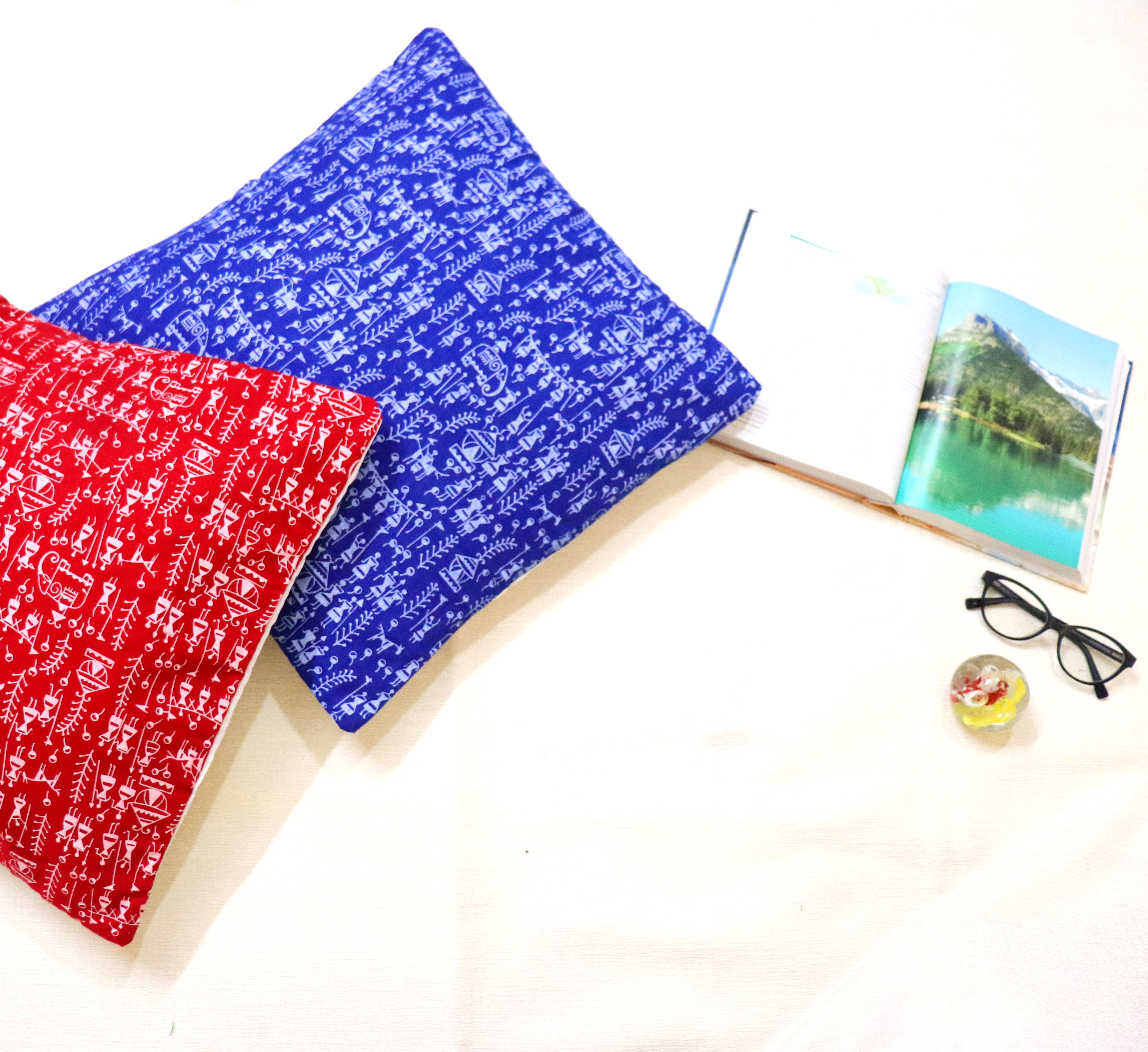 Warli Print Pink and Blue Cushion Cover ( Set of 2)