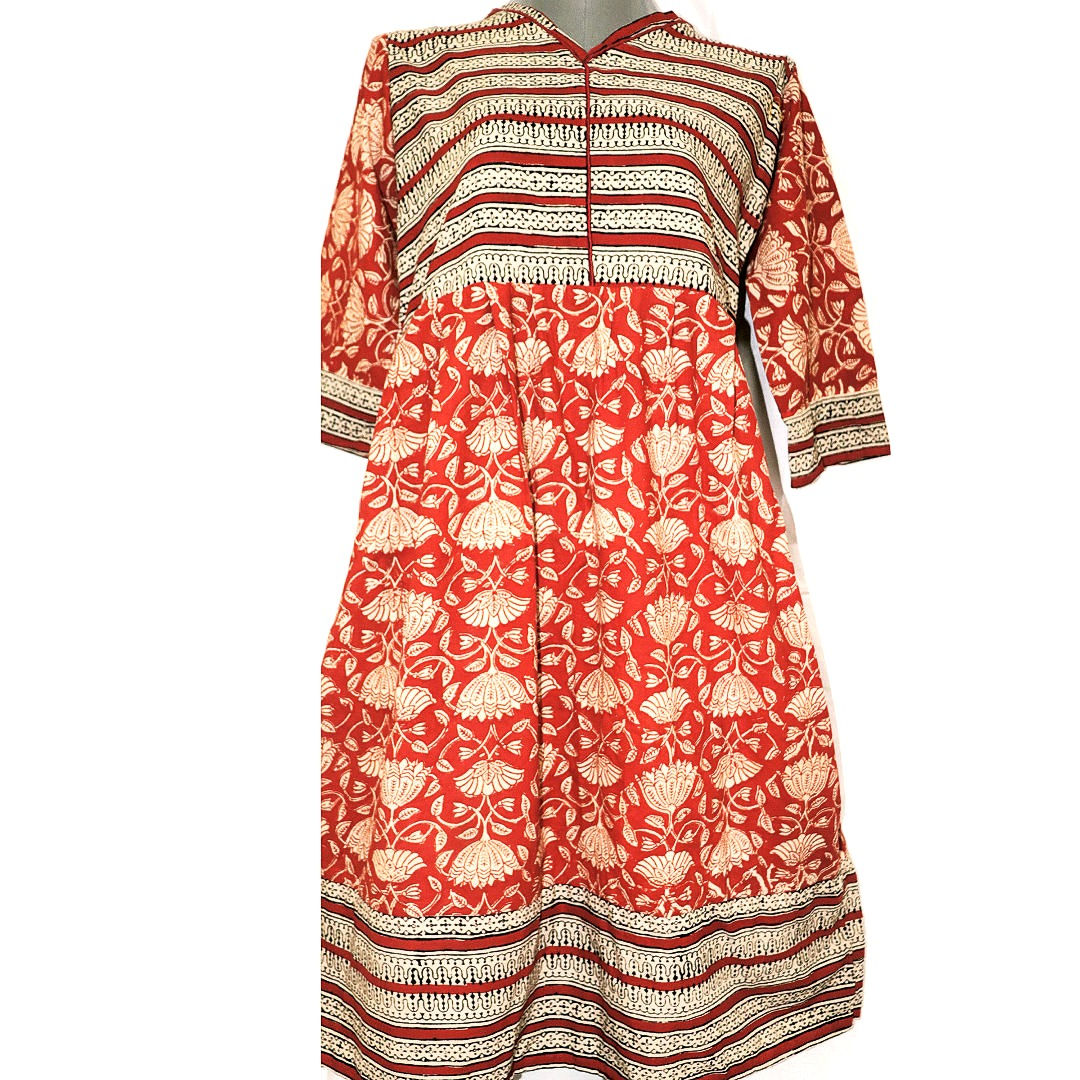 Alana- Red Dabu Hand block printed dress