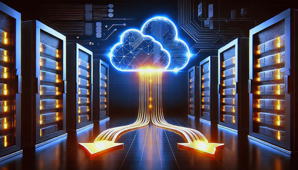 Glowing digital cloud hovers above server racks, with bright orange data streams flowing downwards. Showing data moving out of the cloud to on-prem