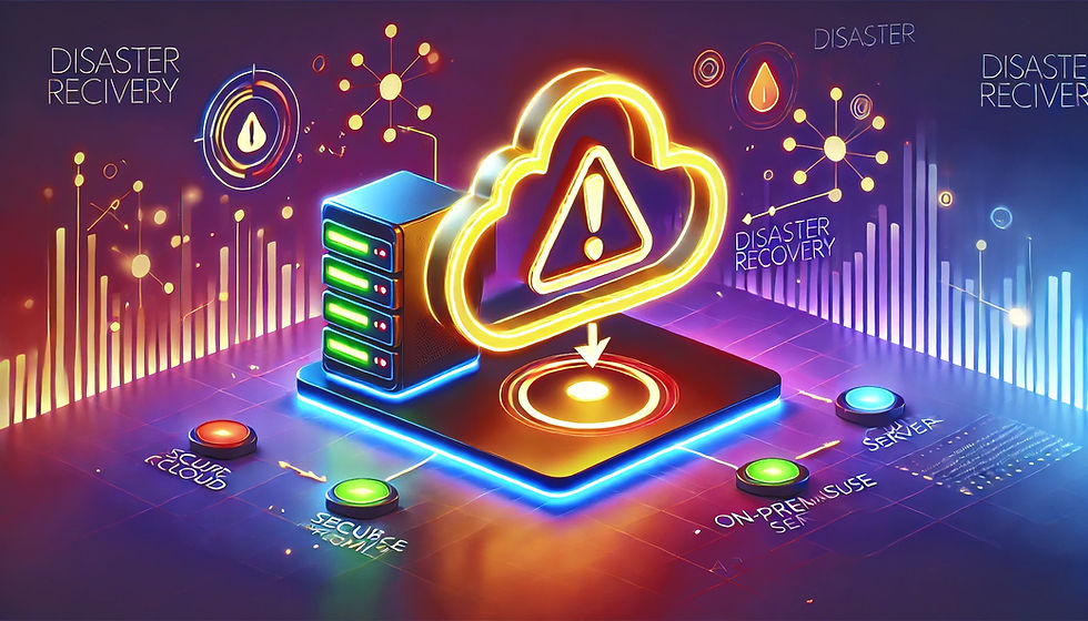 Neon cloud with alert symbol above a server, set against a futuristic tech background with data charts and colorful buttons.