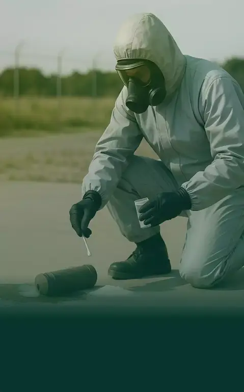Technician in protective suit and respirator sampling a chemical spill on a paved surface.