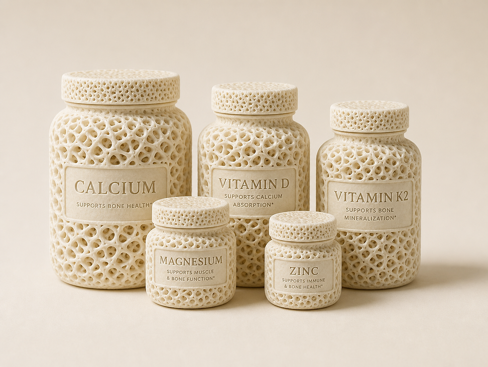 Five cream, lace-textured supplement jars labeled Calcium, Vitamin D, Vitamin K2, Magnesium, and Zinc on beige background.