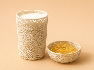 A trabecular bone textured white cup of milk beside a small bowl of yellow gel capsules on a beige background.