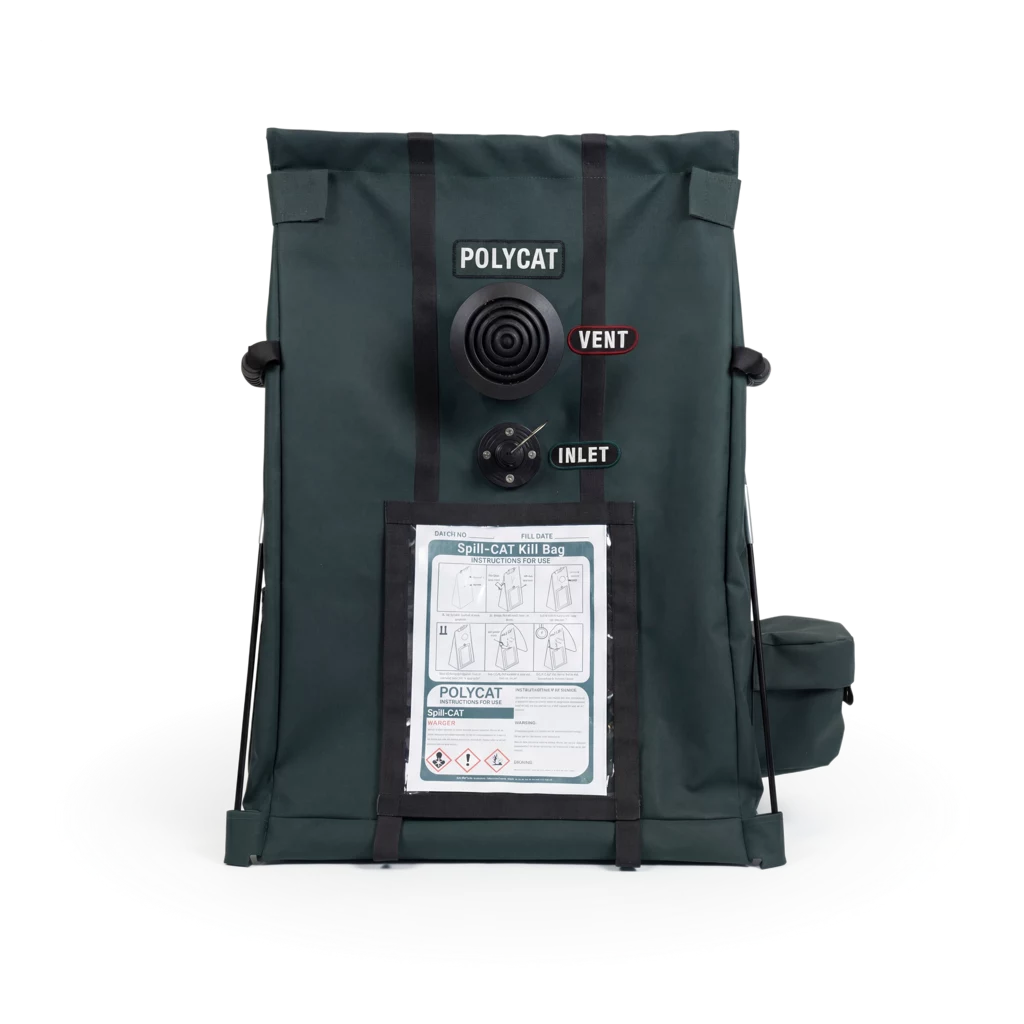 SPILLCAT Kill Bag with vent and inlet ports and an instruction label on the front