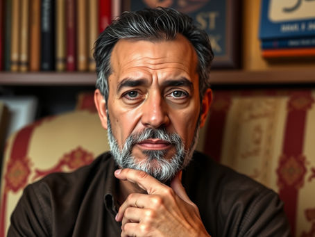 Düşünceli bir ifadeyle oturan, kitaplık önünde poz veren orta yaşlı bir erkek portresi