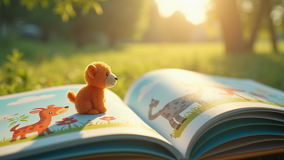 Close-up view of a colorful children's book illustration with animals