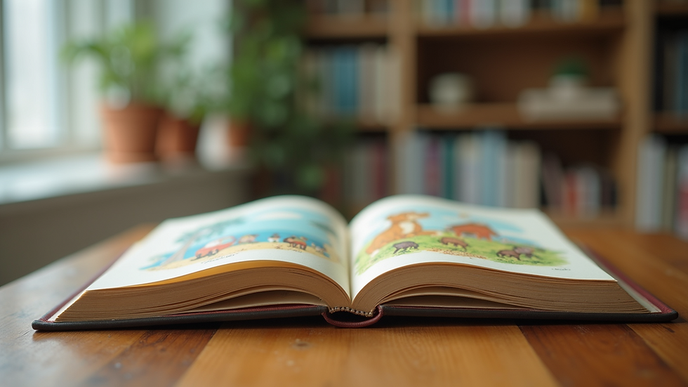 Eye-level view of a children's book open on a colorful illustrated page