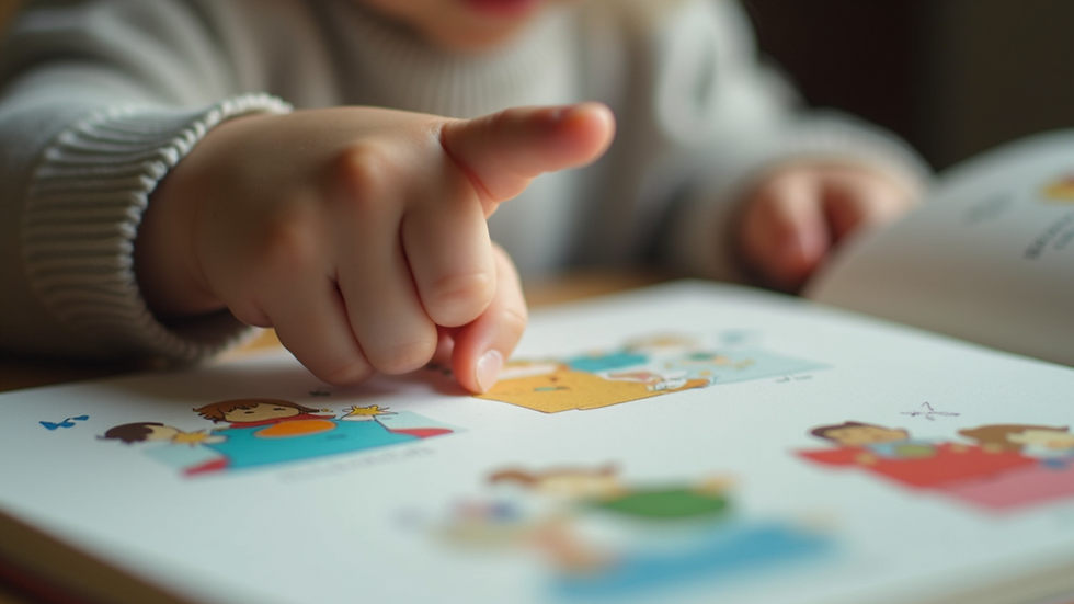Close-up view of a child’s hand pointing at colorful illustrations in a book