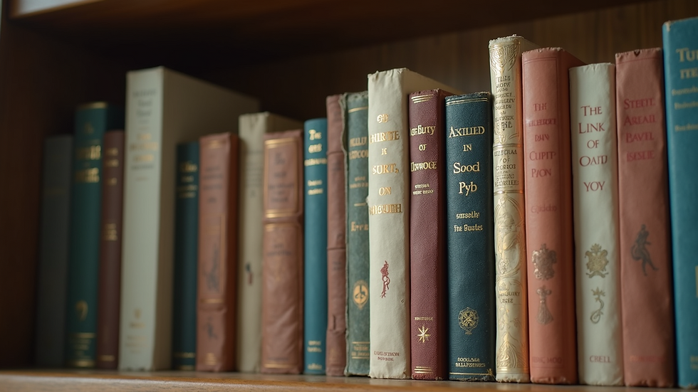 Eye-level view of a bookshelf filled with various books