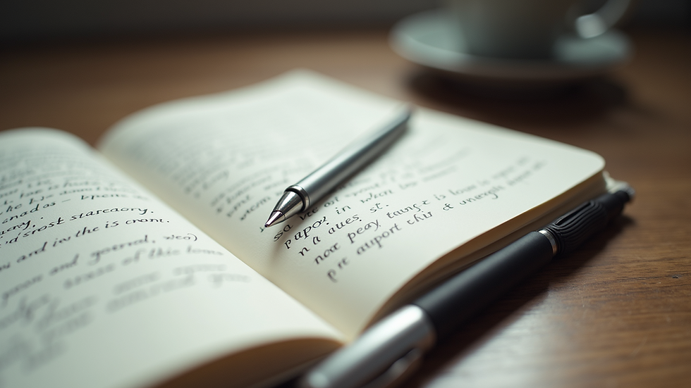 Eye-level view of a notebook with handwritten poetry and a pen