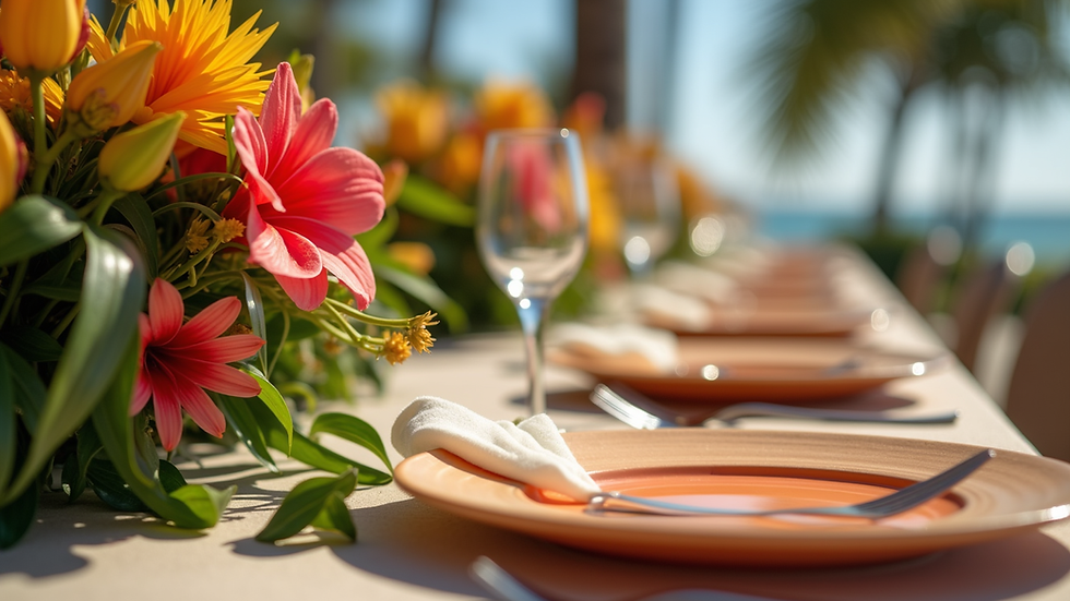 Close-up view of a Hawaiian-themed event table setting with tropical flowers and colorful plates