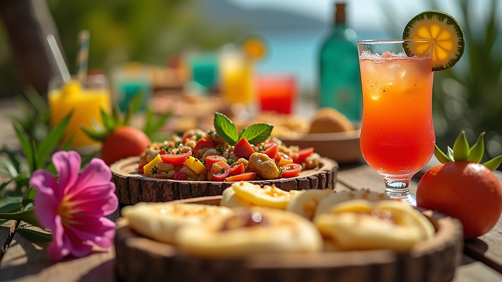 Close-up view of a tropical luau party table with colorful food and drinks