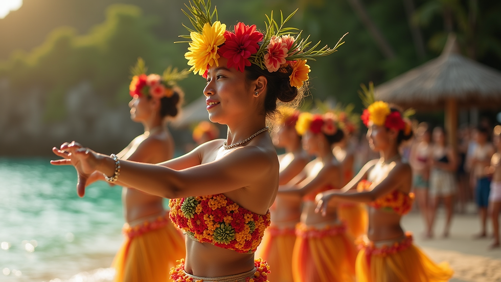 Close-up view of a traditional Hawaiian hula dancer performing with vibrant costume
