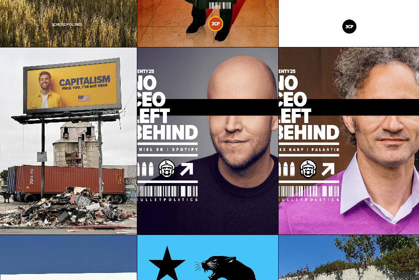 Collage of anti-capitalist posters and portraits, including billboard text Capitalism and No CEO Left Behind in bold graphics.