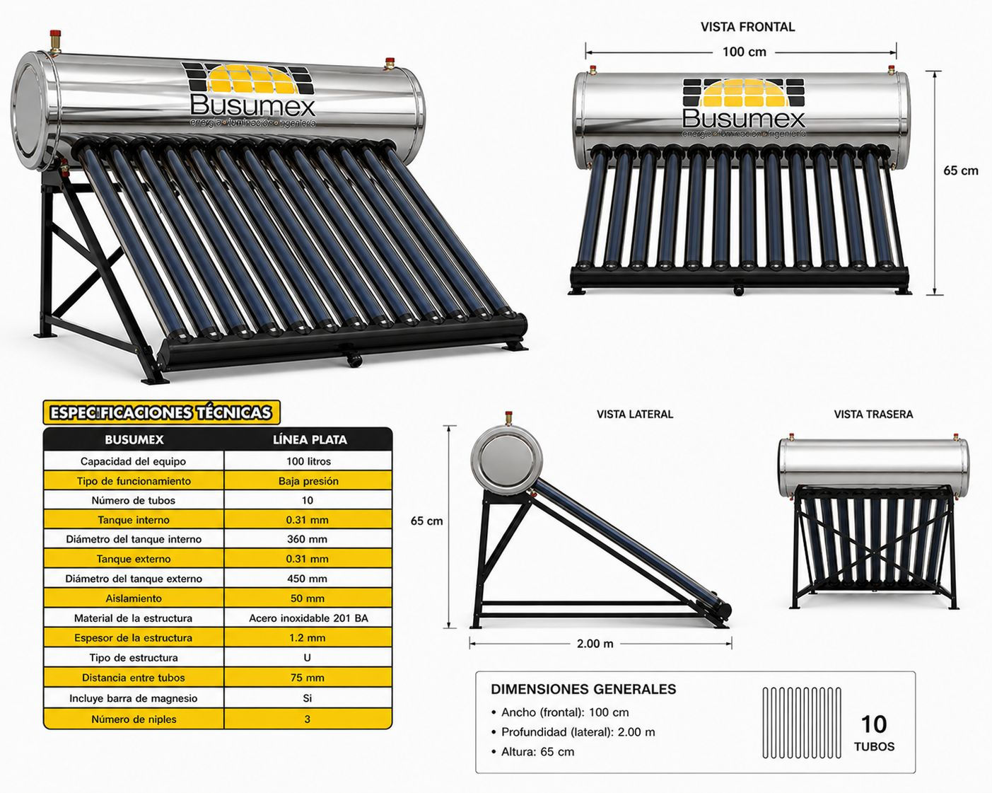 Calentador Solar 10 Tubos 100Litroas