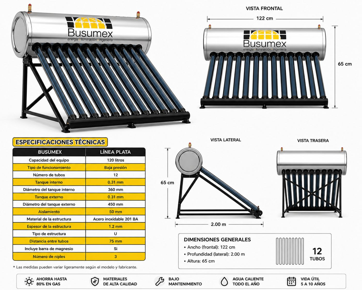 Calentador Solar de 12 Tubos 120 LITROS