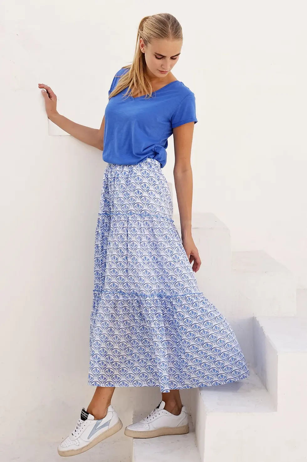 Thumbnail: Bea Printed Organic Cotton Skirt - White/Blue