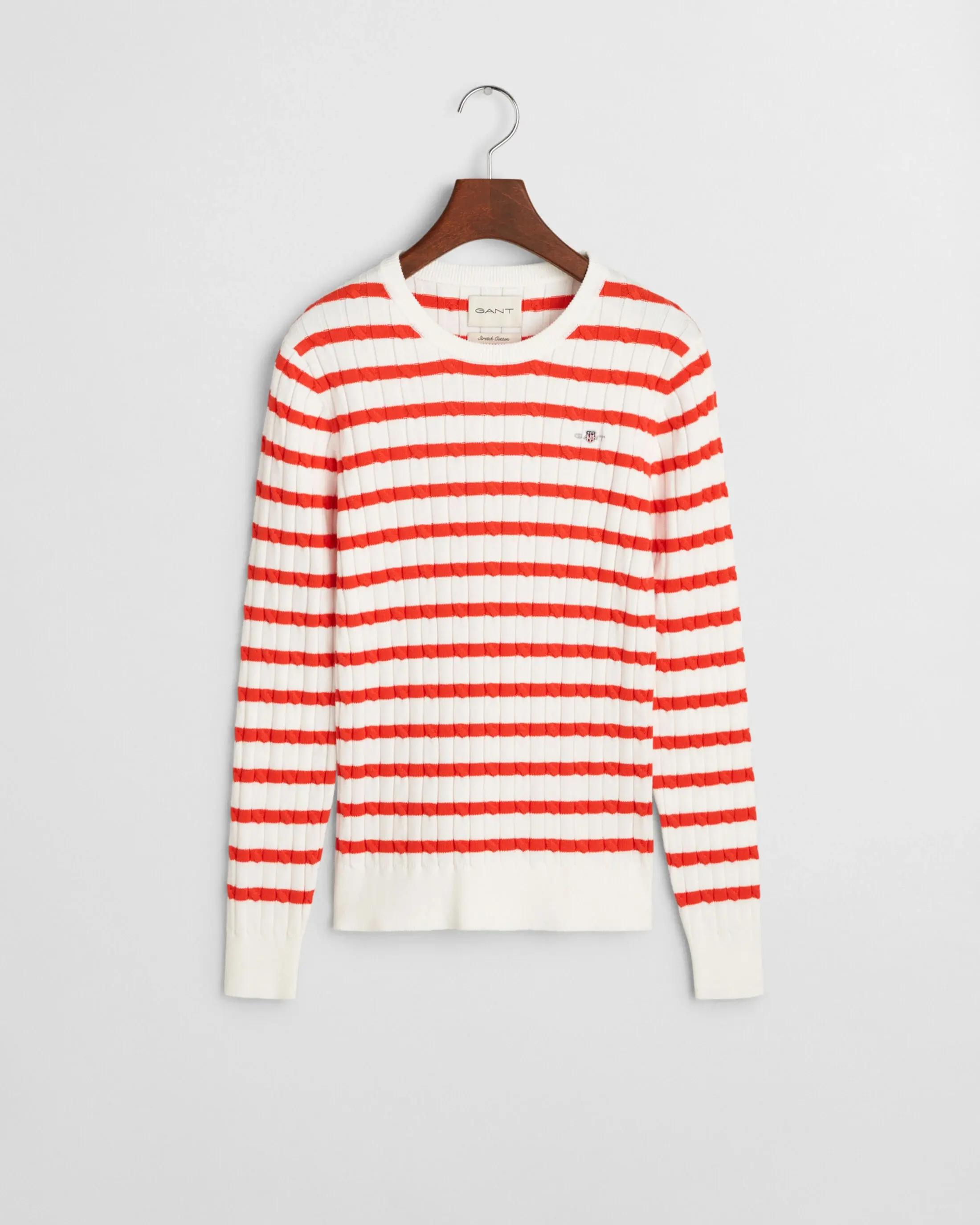 Stretch Cotton Cable Stripe C-Neck (Orange Red)