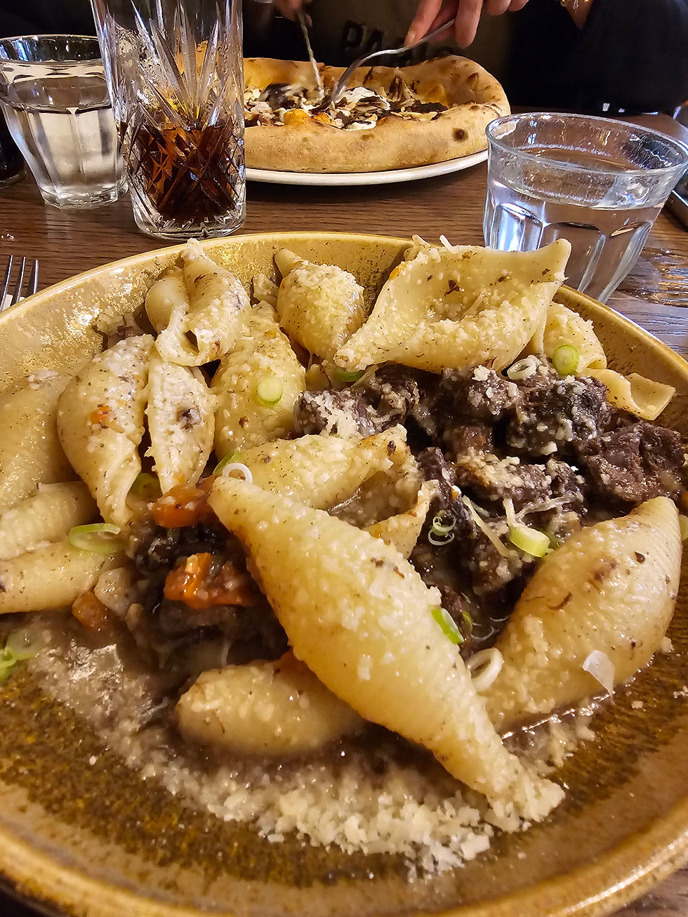 Conchiglioni au sanglier(ragoût de sanglier aux épices, parmesan râpé, cébette)