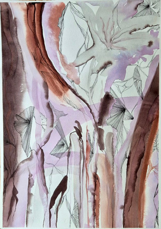 Création contemporaine sur papier, formes organiques verticales beige et mauve, lavis aquarelle encre, Hauts-de-France 2026