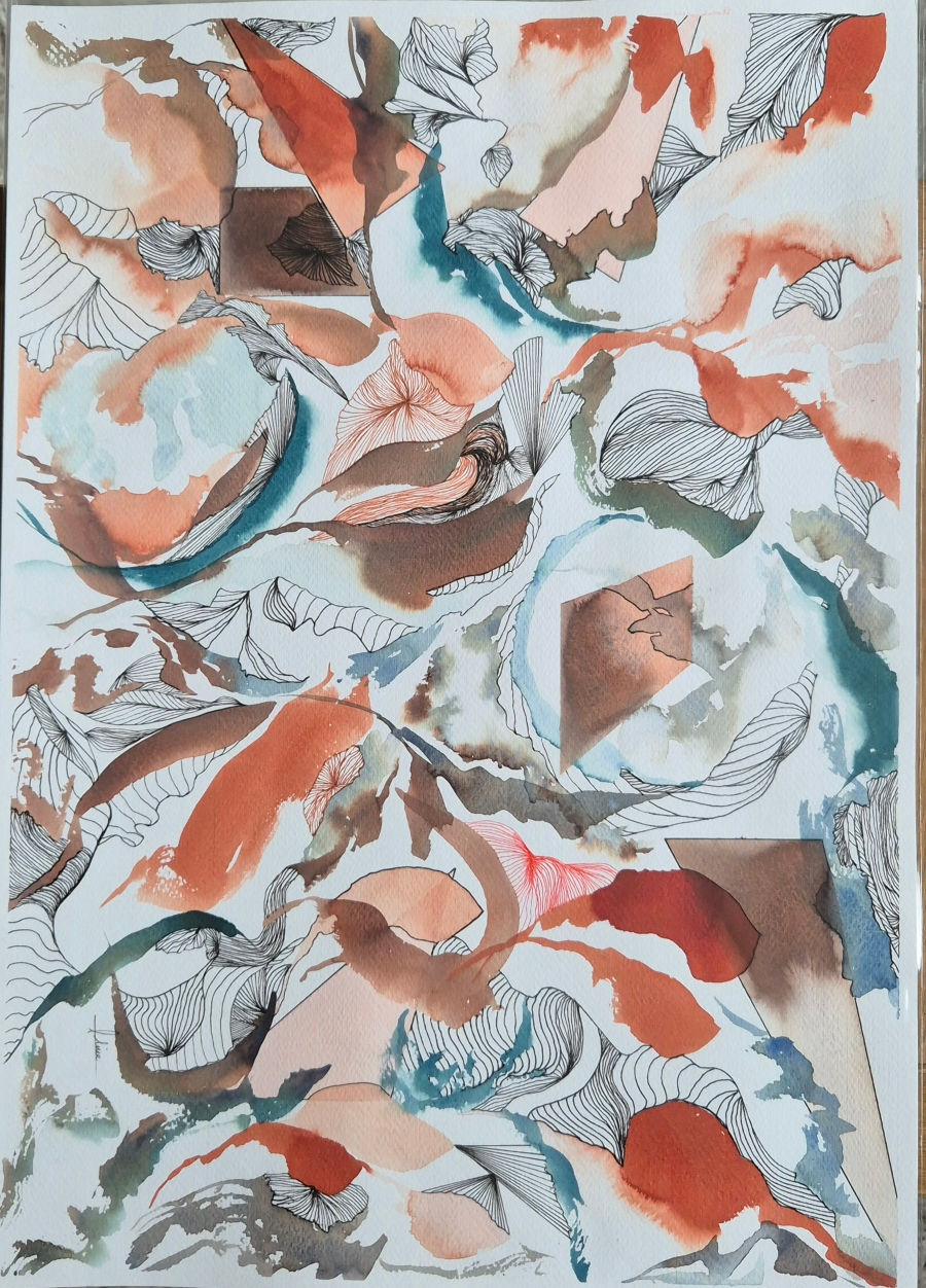 Création aquarelle et encre, tons roses et mauves, formes végétales délicates, plasticienne Lambersart 2025