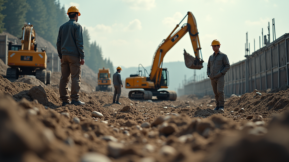 Eye-level view of construction site with workers and machinery