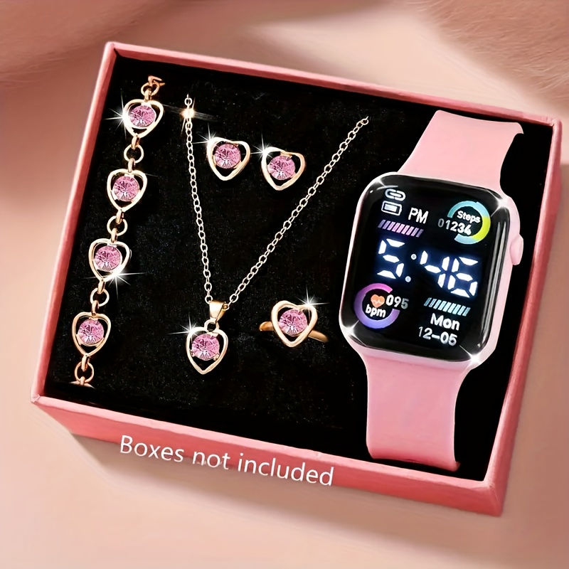 Thumbnail: 6-piece set of fashion electronic watch necklace earrings ring set for teenagers