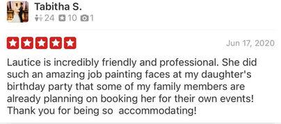 Five star customer review for face painting services in New Orleans Louisiana