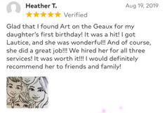 Five star customer review for face painting services in New Orleans Louisiana