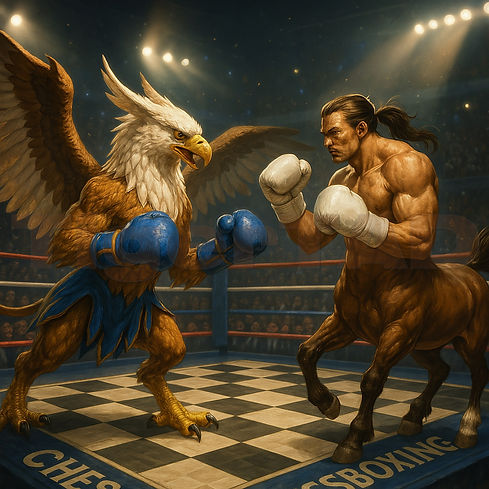 A realistic fantasy chessboxing match in a stadium filled with cheering fans and dramatic
