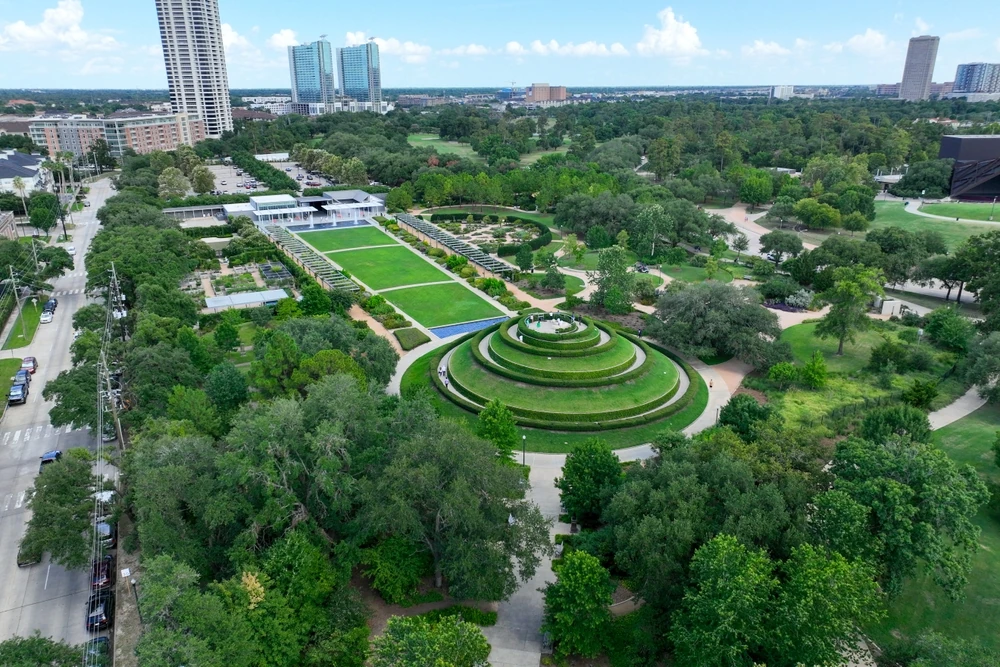 Aerial view of McGovern Gardens and Hermann Park in Houston, TX.