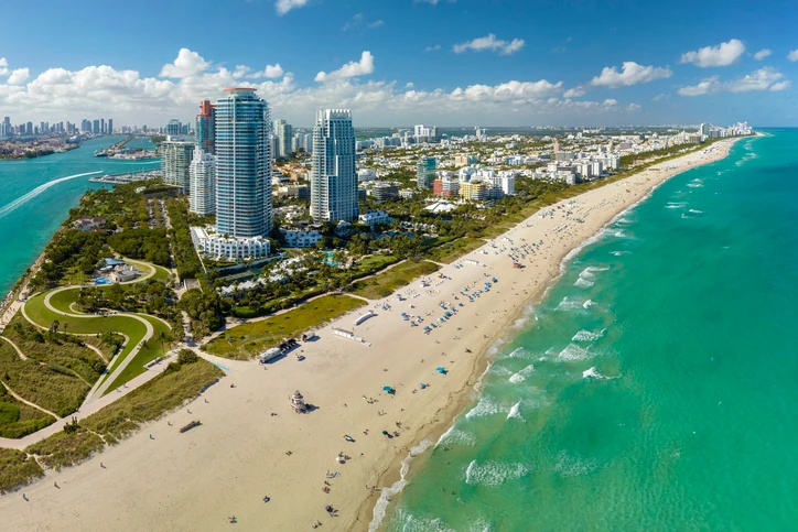 Aerial view of Miami beachside and skyline.